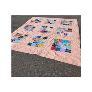 Handmade Patchwork Quilt Peach Yarn tassel 96" x 103"  Cabin Vintage KING/QUEEN